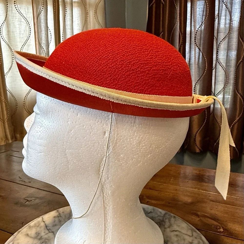 VTG 60s MCM Child Red Felt Hat White Ribbon Chin Elastic